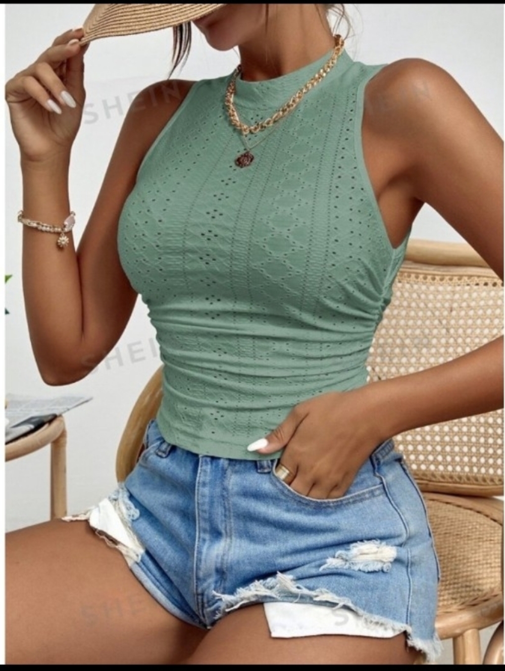 SHEIN Eyelet Embroidery Mock Neck Ruched Side Tank Top